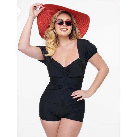 Unique Vintage Pinky Pinups 1950’s Black Bow Romper One Piece Swim Suit 2X NWOT - Picture 1 of 4